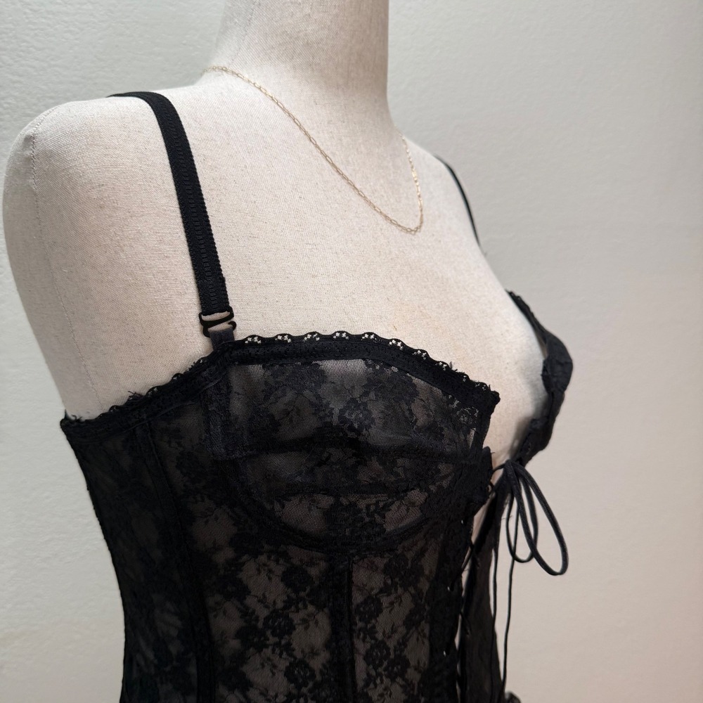 Vintage Frederick's of Hollywood Sheer Black Lace Burlesque Bustier Corset Set - Picture 6 of 14